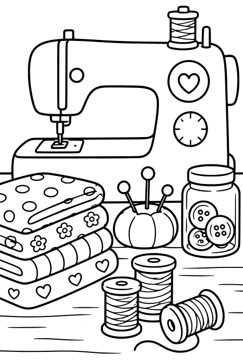 Sewing machine surrounded by folded patterned fabric, thread spools, a pincushion with pins, and a jar of buttons on a work surface.
