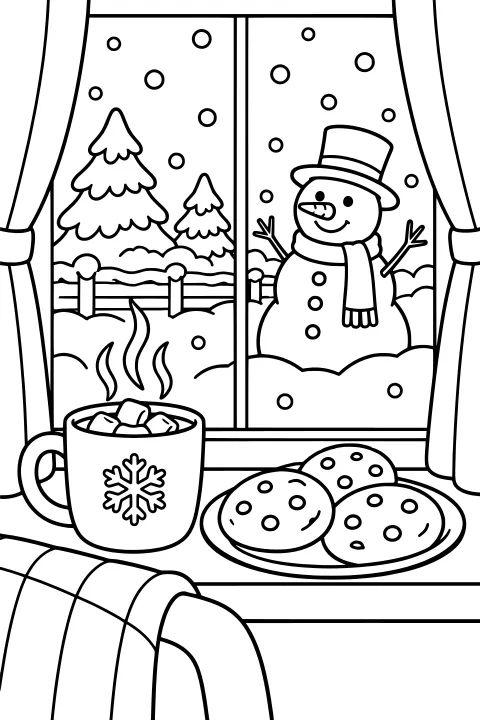 Curtained window overlooking falling snow, evergreens, a fence, and a snowman, with a steaming marshmallow-topped mug, cookies on a plate, and a striped blanket indoors.