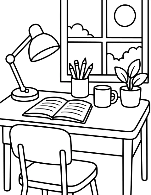Study desk with an open notebook, adjustable lamp, pencils, mug, potted plant, chair, and a window overlooking clouds and a round sky shape.