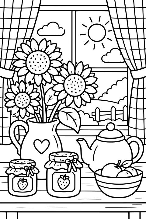 Line art of sunflowers in a heart-marked pitcher beside covered strawberry-label jars, a teapot, and a fruit bowl on a table before a curtained window.