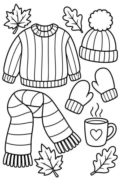 Black-and-white line art of a striped sweater, pom-pom hat, mittens, fringed scarf, steaming heart mug, and scattered leaves.