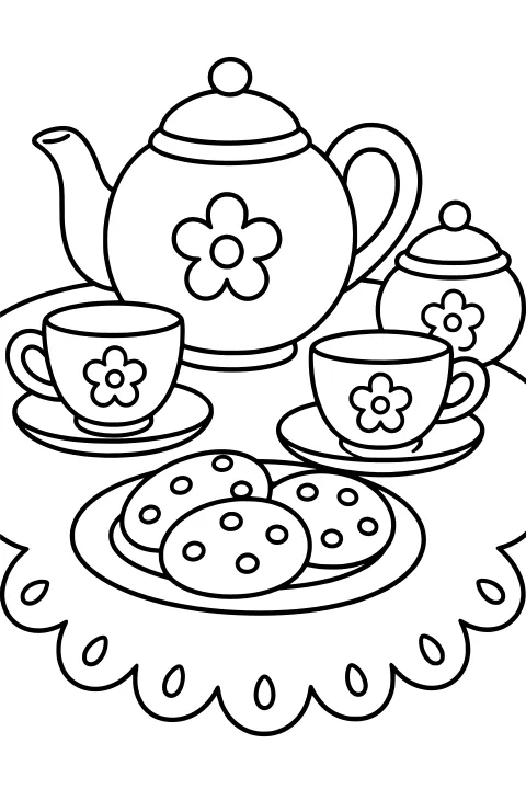 Flower-decorated teapot with teacups, saucers, a lidded container, and dotted cookies on a scalloped cloth.