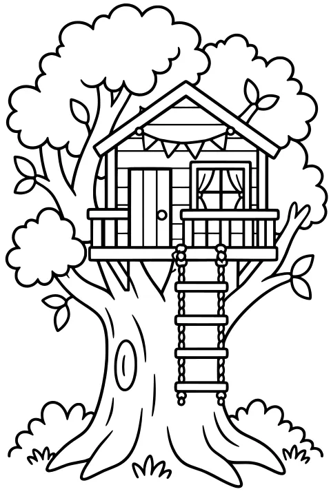 Treehouse nestled in a leafy tree with a peaked roof, balcony, door, curtained window, bunting, and a hanging rope ladder.