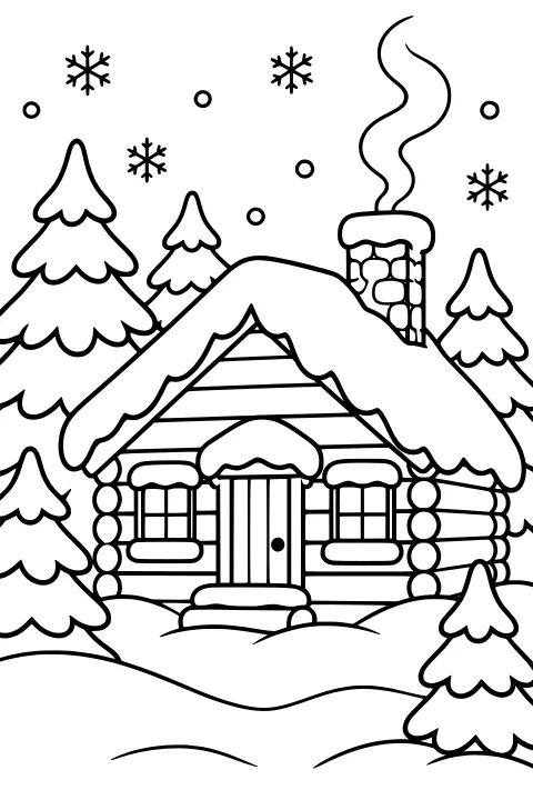 Snow-covered log cabin surrounded by pine trees and snowdrifts, with flakes in the sky and smoke curling from a stone chimney.