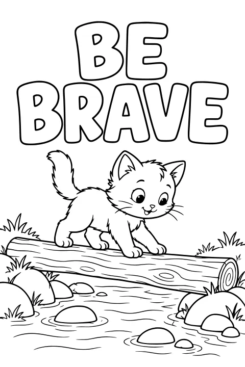 Be Brave lettering above a kitten crossing a log over a stream