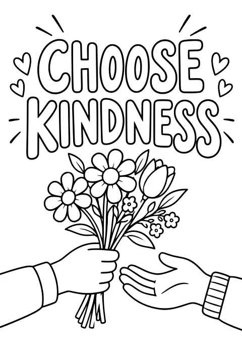 Choose Kindness lettering above hands sharing a bouquet of flowers