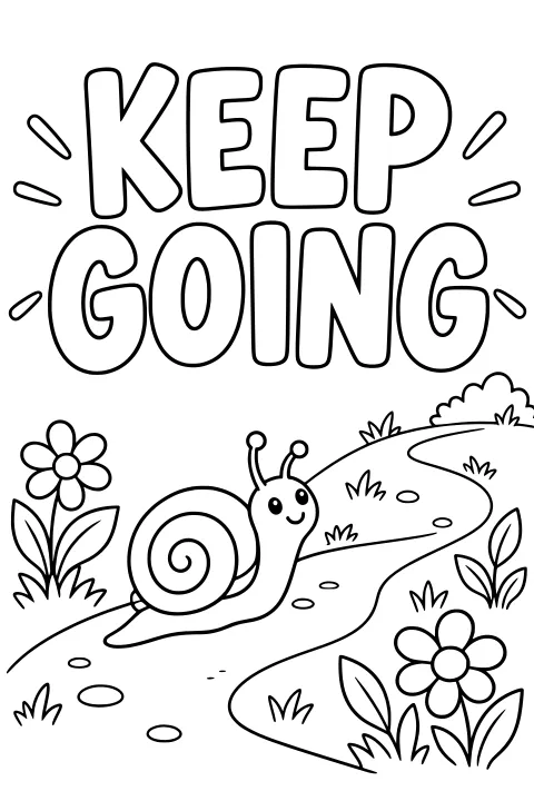 Keep Going lettering above a snail on a winding flower path