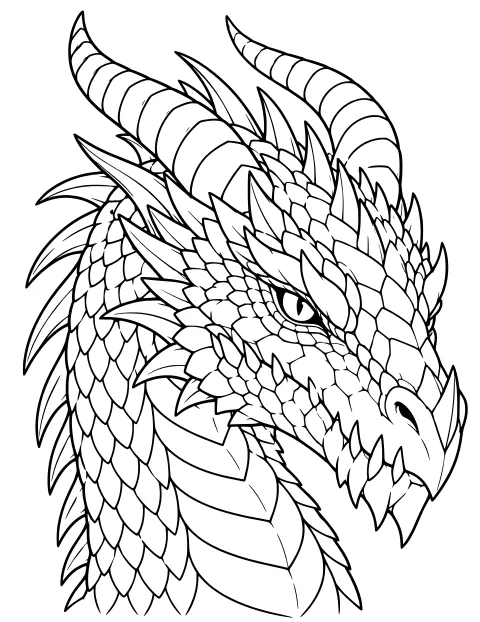 Close-up line art of a dragon head and neck with layered scales, curved horns, sharp spikes, a slit-pupil eye, and broad throat plates.