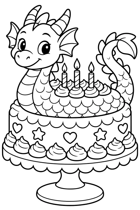 Horned dragon curled inside a decorated cake with striped candles, icing swirls, hearts, stars, scalloped frosting, and a raised tail.