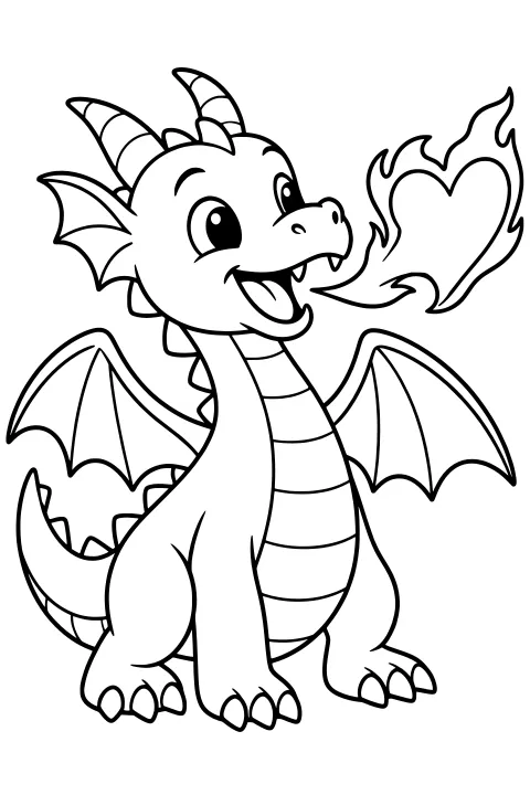 Winged dragon with curved horns, belly plates, back spines, and a curling tail breathing a heart-shaped flame.