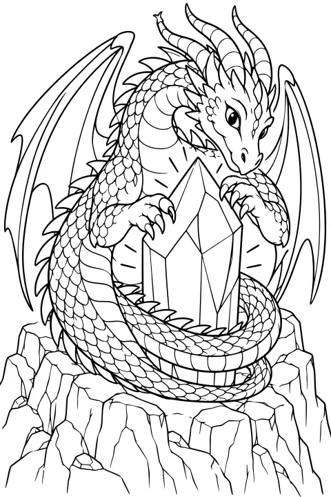 Horned dragon with broad wings and layered scales curled around a large faceted crystal on a jagged rocky ledge.