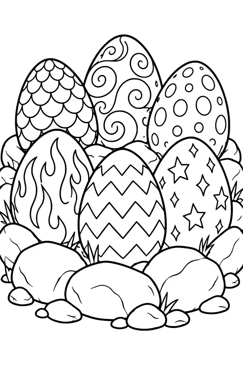 Decorated dragon eggs nestled among rounded rocks and grass, with shell patterns including scales, swirls, spots, flames, zigzags, stars, and diamonds.