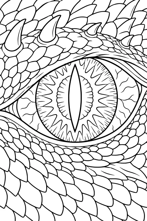Close-up line art of a dragon eye with a vertical pupil, detailed iris, vein-like lines, layered scales, and curved horn-like spikes.