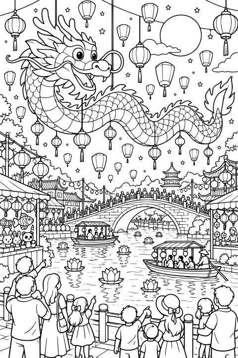 Long dragon winding among hanging lanterns above a river festival with boats, lotus blossoms, an arched bridge, market stalls, buildings, and spectators.