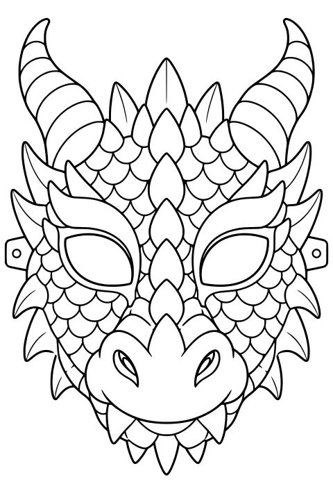 Front-facing dragon mask line art with curved horns, layered scales, pointed spikes, large eye openings, a broad snout, and side tabs.