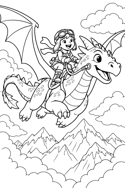 Goggle-wearing rider holding reins on a spotted, winged dragon flying among clouds above jagged mountain peaks.