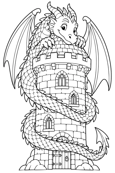 Horned, winged dragon wrapped around a round stone castle tower with arched windows, battlements, and a wooden door.