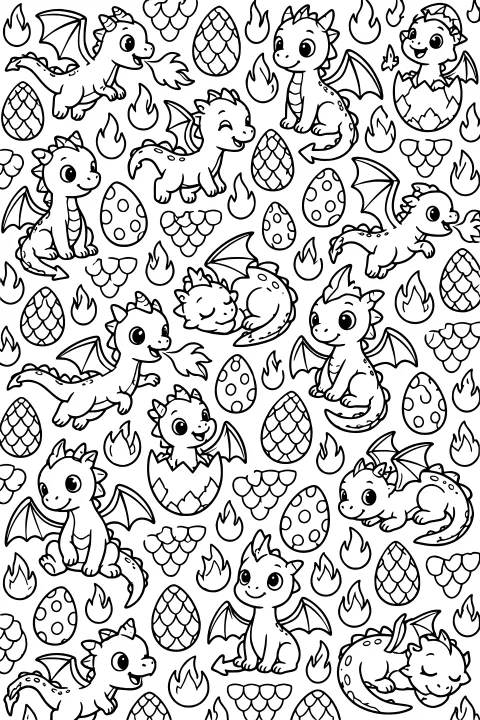 Repeating line-art pattern of small winged dragons flying, sitting, sleeping, breathing fire, and hatching among decorated eggs, flames, and scalloped motifs.