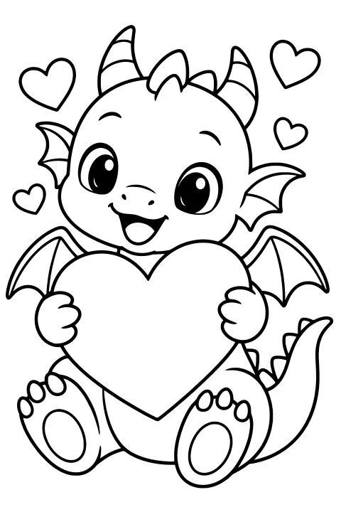 Round horned dragon with wide eyes, small wings, a spiked tail, and visible paw pads holding a large heart among floating hearts.