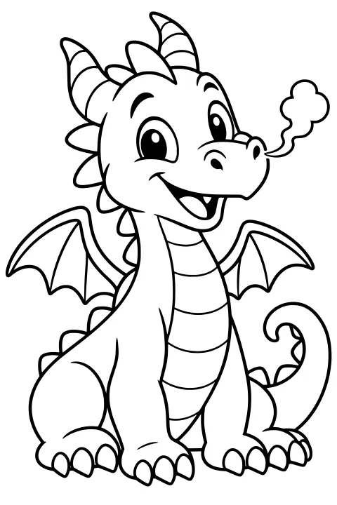 Cartoon dragon sitting with raised batlike wings, striped horns, back spikes, clawed feet, a segmented belly, curled tail, and a puff near its nostril.