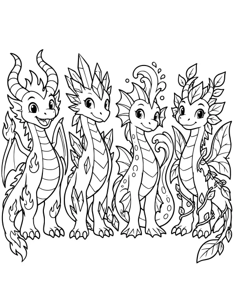 Dragons standing in a row with flame markings, crystal-like spikes, splash-shaped fins, leafy branches, wings, horns, and patterned bellies.
