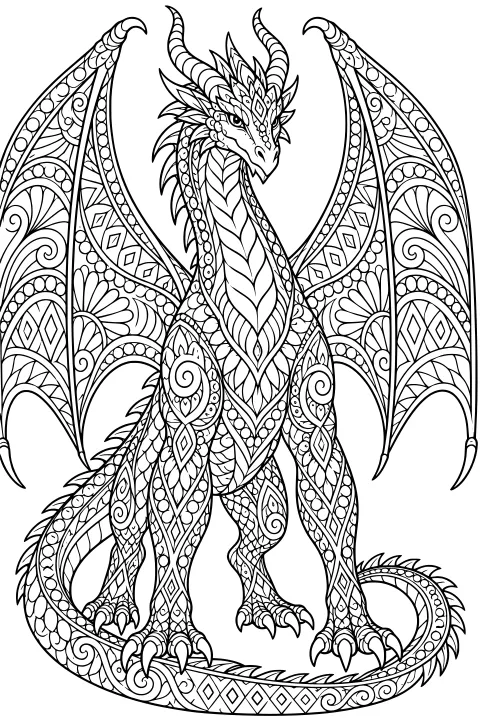 Standing dragon with raised patterned wings, curved horns, clawed feet, and a long curling tail filled with intricate swirls, scales, diamonds, and leaf motifs.