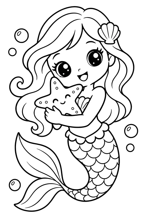 Big-eyed mermaid with flowing hair, a shell hair accessory, a starfish in her arms, scalloped tail scales, split fins, and bubbles.