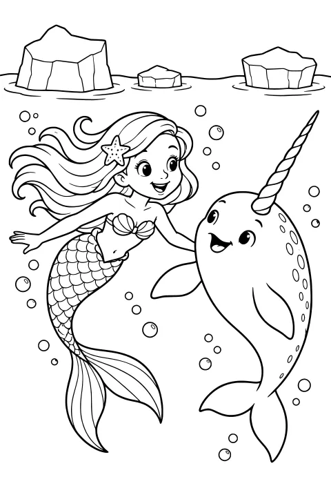 Mermaid with flowing hair and a scaled tail swimming beside a spotted narwhal with a spiral horn, with bubbles and floating ice nearby.