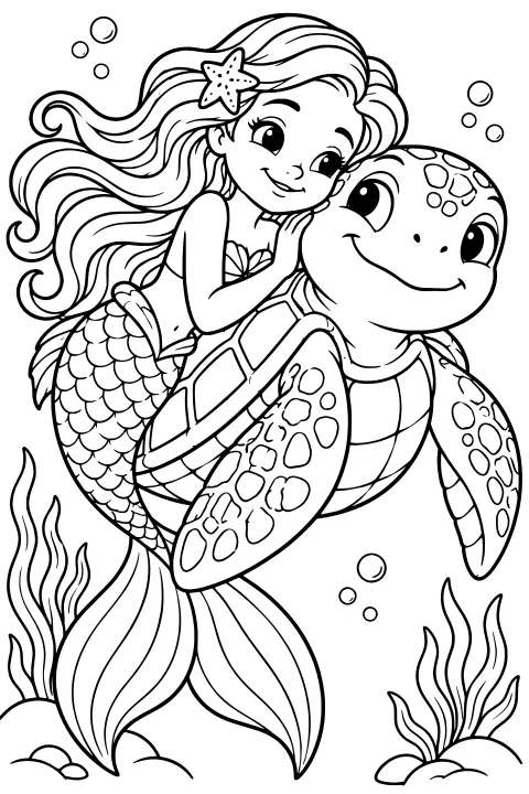 Mermaid with flowing hair and a scaled tail resting against a large sea turtle, surrounded by bubbles, sea plants, rocks, and ocean-floor details.