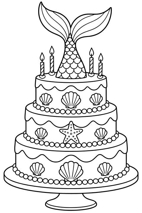 Tiered cake with seashell decorations, bead borders, a sea star, lit striped candles, and a large scaled mermaid tail on top.