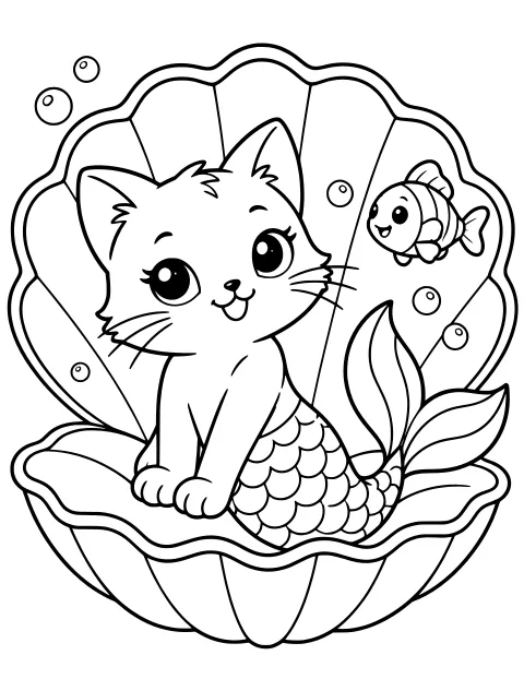 Wide-eyed cat with a scaled mermaid tail sitting in an open scallop shell, with large tail fins, bubbles, and a small fish nearby.
