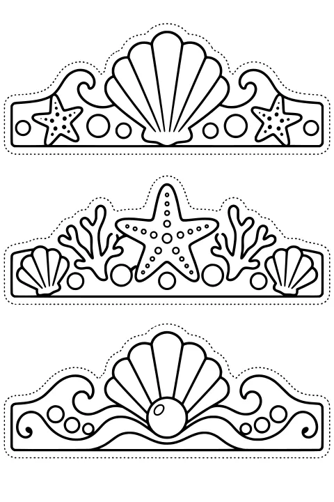 Black-and-white line art of sea-themed crowns decorated with scallop shells, starfish, coral branches, waves, round ornaments, and dotted cutting guides.