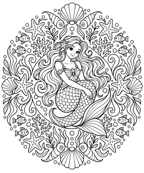 Mermaid with flowing hair and a scaled tail amid fish, starfish, shells, coral, leafy fronds, bubbles, and curling underwater motifs.