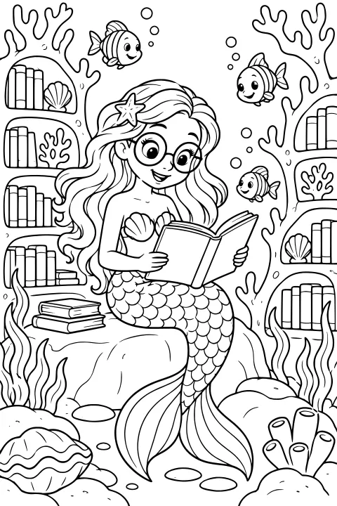 Mermaid with glasses reading an open book on a rock, surrounded by fish, bubbles, seaweed, shells, coral, and books arranged in underwater wall shelves.
