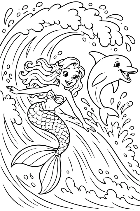 Mermaid with flowing hair and a scaled tail riding inside a curling ocean wave as a dolphin leaps through the surrounding foam and spray.