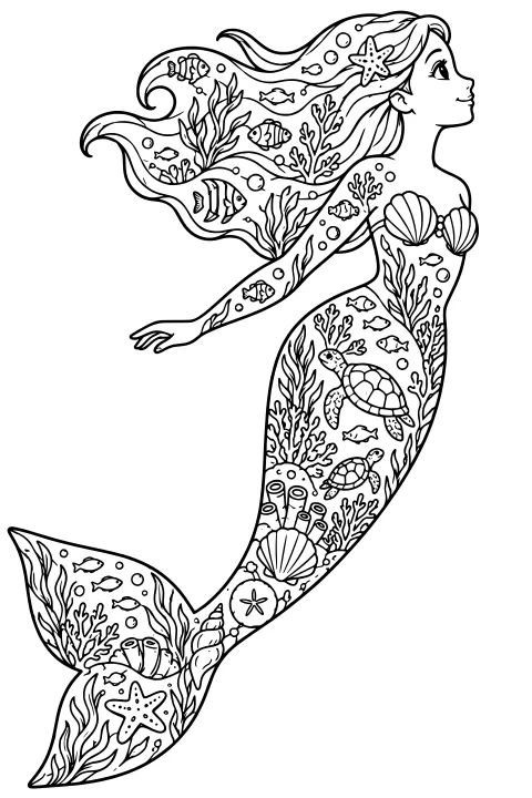 Profile view of a mermaid with flowing hair and a long tail filled with fish, sea turtles, shells, coral, seaweed, bubbles, and starfish motifs.