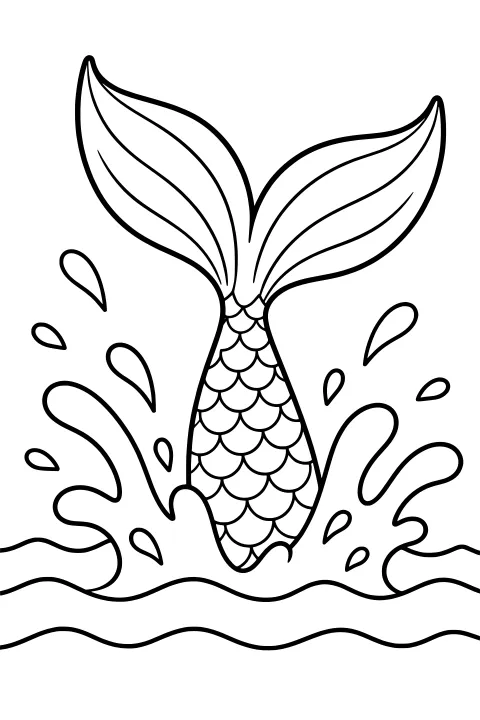 Scaled mermaid tail rising from rolling waves, with broad divided fins and splash droplets on both sides.