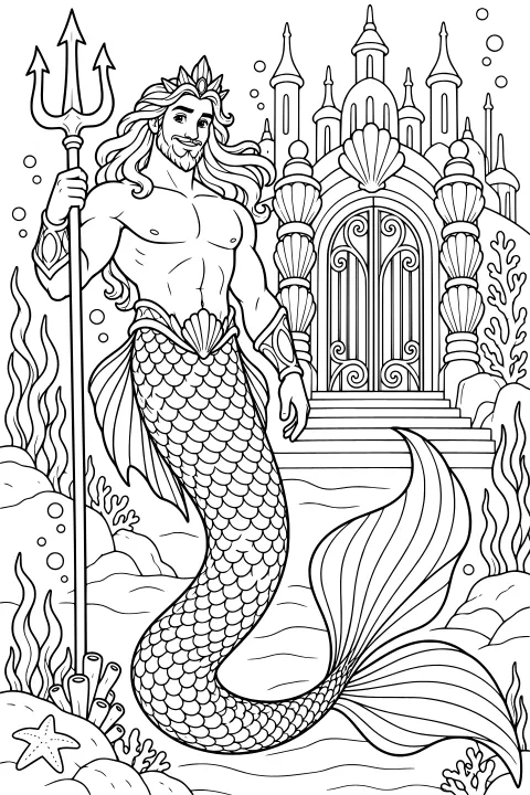 Crowned merman holding a trident beside an ornate underwater palace, with a curved scaled tail, shell motifs, arched doors, coral, seaweed, rocks, bubbles, and a starfish.