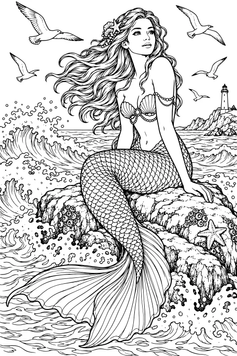 Realistic mermaid with flowing hair and a scaled tail sitting on seaside rocks among waves, starfish, seabirds, and a distant lighthouse