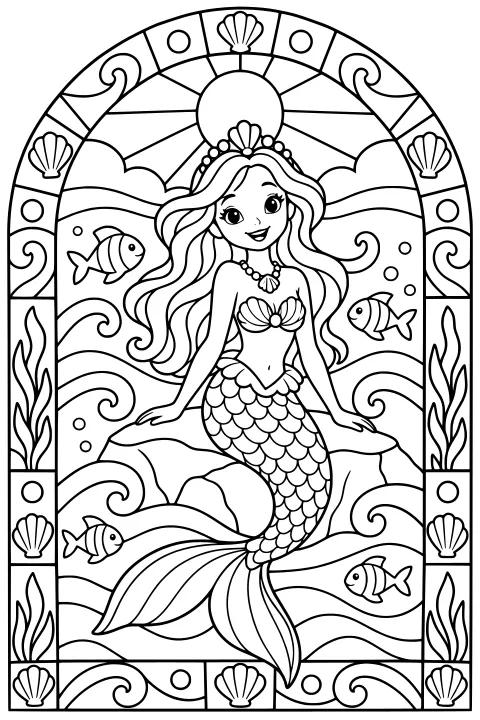 Mermaid with long flowing hair and a scaled tail sitting on a rock amid fish, bubbles, waves, seaweed, shells, and an arched stained-glass frame.