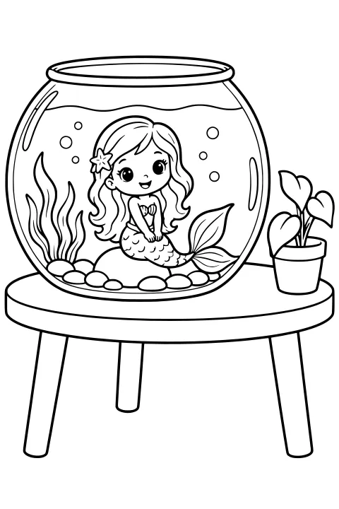 Tiny mermaid with flowing hair and a flower accessory sitting among pebbles, bubbles, and aquatic leaves in a fishbowl on a table beside a potted plant.