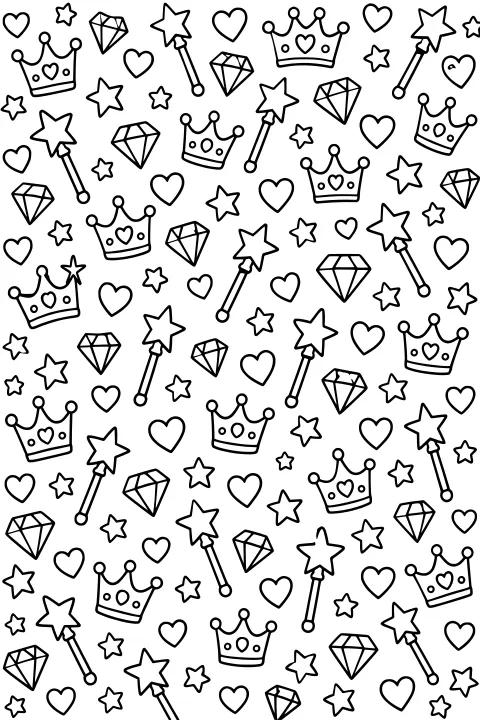 Repeating line-art pattern of jeweled crowns, star-tipped wands, faceted gems, hearts, and stars.