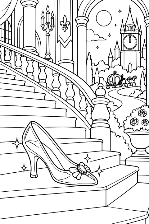 Ornate high-heeled slipper on a sweeping palace staircase overlooking a garden, horse-drawn carriage, moon, and castle clock tower.