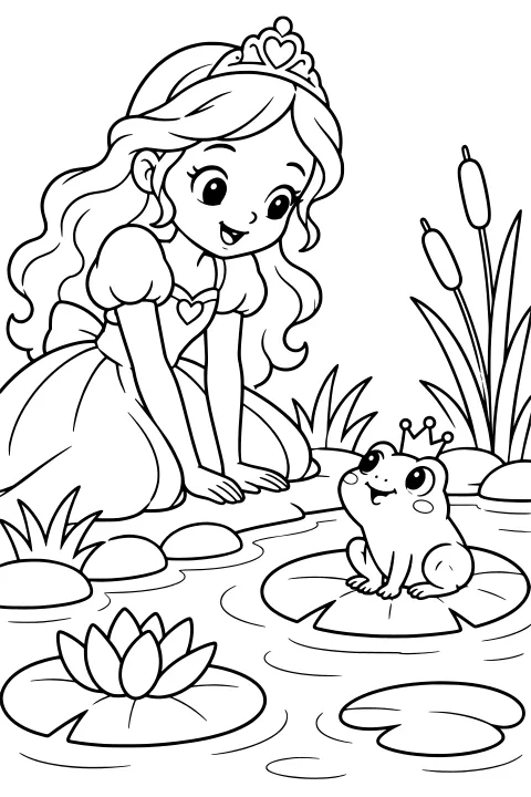 Crowned princess kneeling beside a pond with a crowned frog on a lily pad, surrounded by reeds, stones, and a water lily.