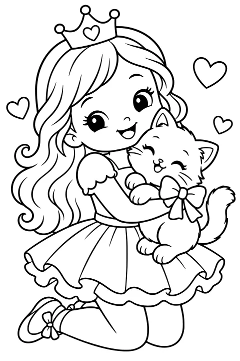 Crowned little princess with flowing hair kneeling and holding a fluffy kitten, surrounded by heart shapes.