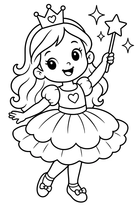 Crowned princess holding a star-tipped wand, wearing a heart-decorated dress with puff sleeves, a layered scalloped skirt, and bow-topped shoes.