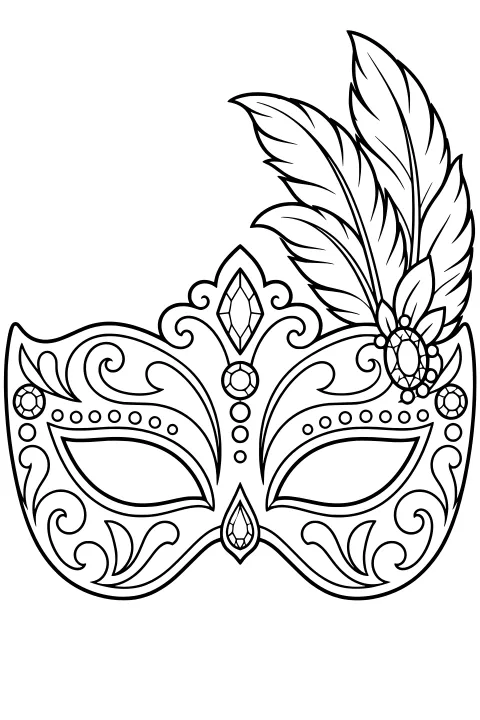 Ornate masquerade mask with almond-shaped eye openings, curling decorations, faceted gems, bead-like details, and tall feather plumes.