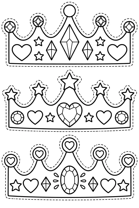 Stacked outline crowns with scalloped peaks, dashed cut lines, hearts, stars, round ornaments, and faceted jewel designs.