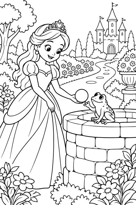 Princess holding a round object toward a frog on a brick well, with flowers, shrubs, a winding path, and a turreted castle behind them.
