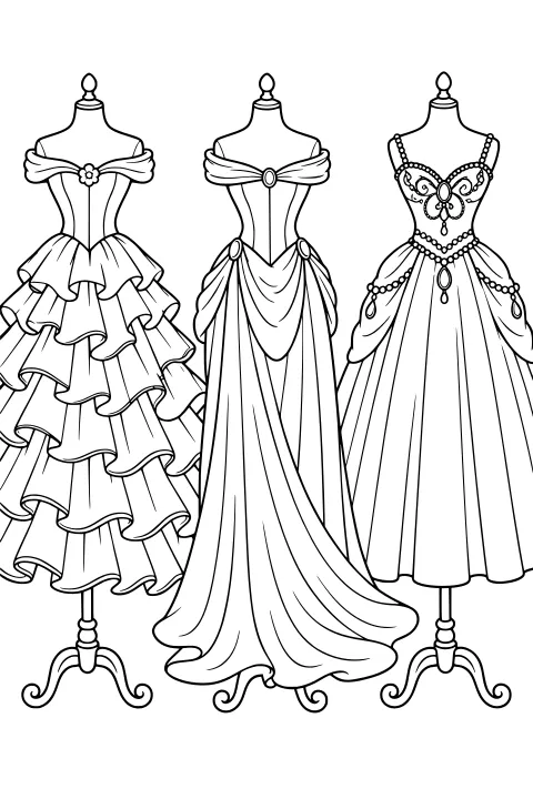 Line art of elegant ball gowns on dress forms, with ruffled, draped, and full skirts plus floral, bow, bead, and jewel details.